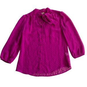 Cremieux Orchid Purple Sheer Blouse Raised Polka Dots Bow Neck Ladies XS